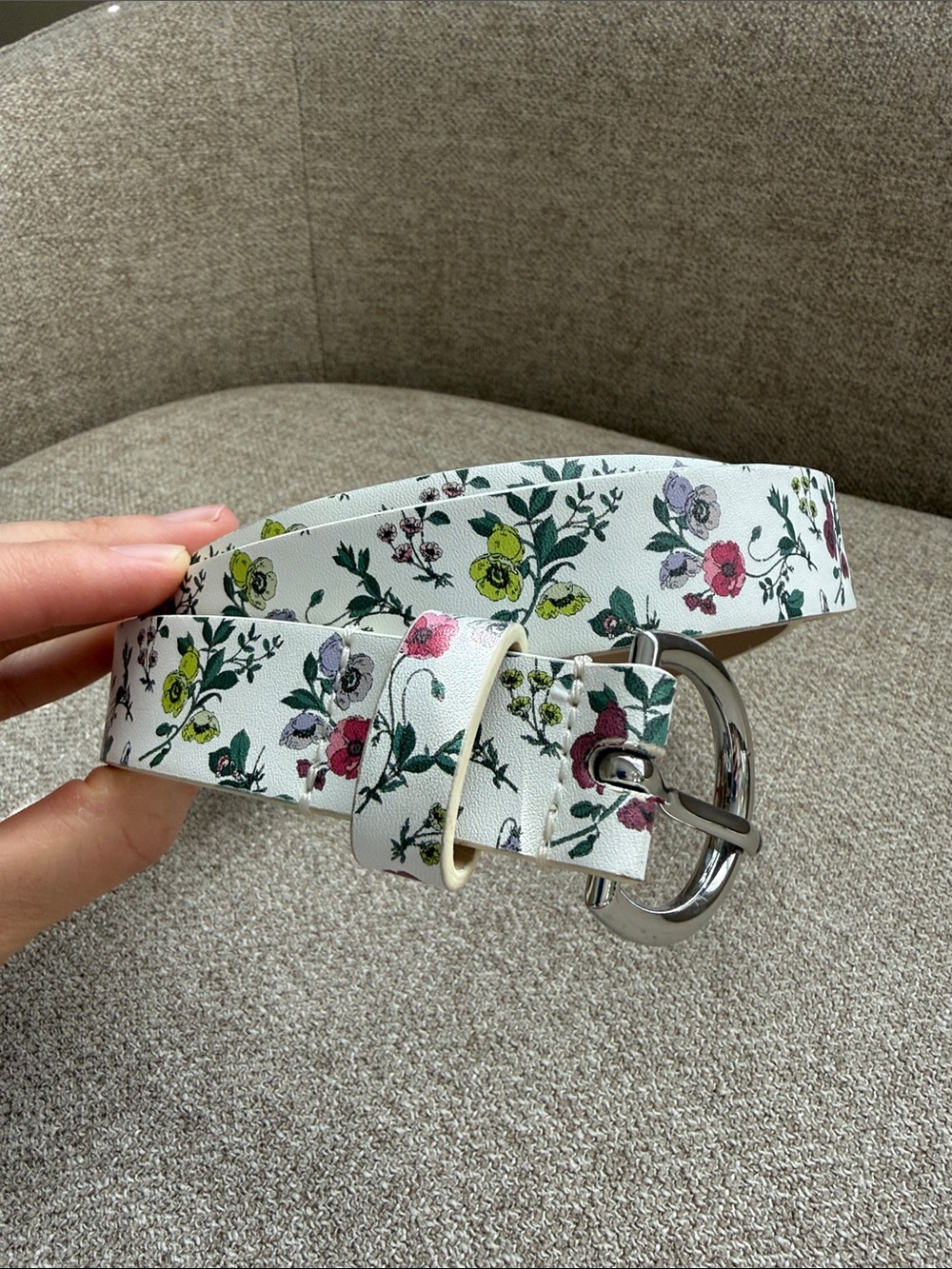 Ann Taylor White Floral Leather Belt with Silver Buckle